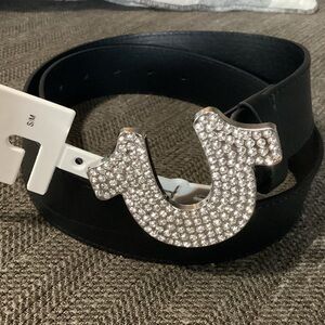 True Religion Women’s Belt, Black Rhinestone Horseshoe Buckle S/M